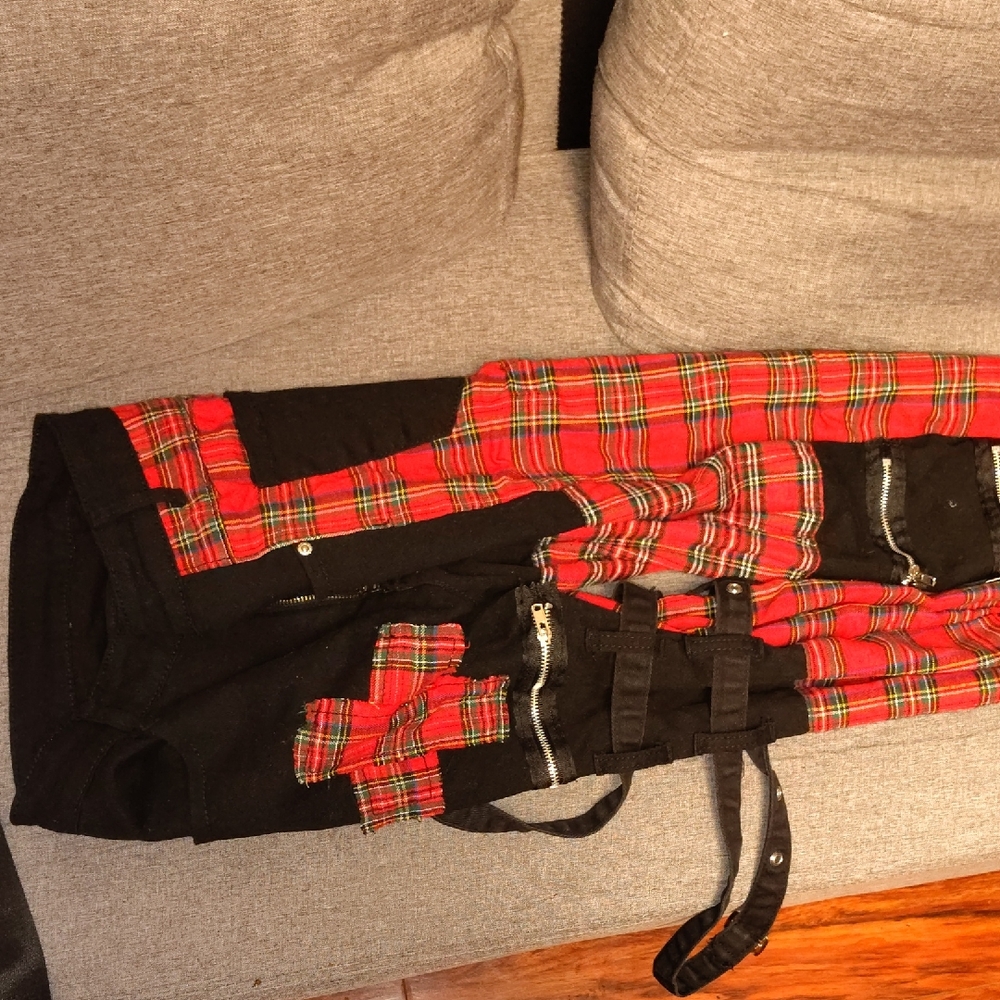 Red and Black Plaid Pants with Zipper Details